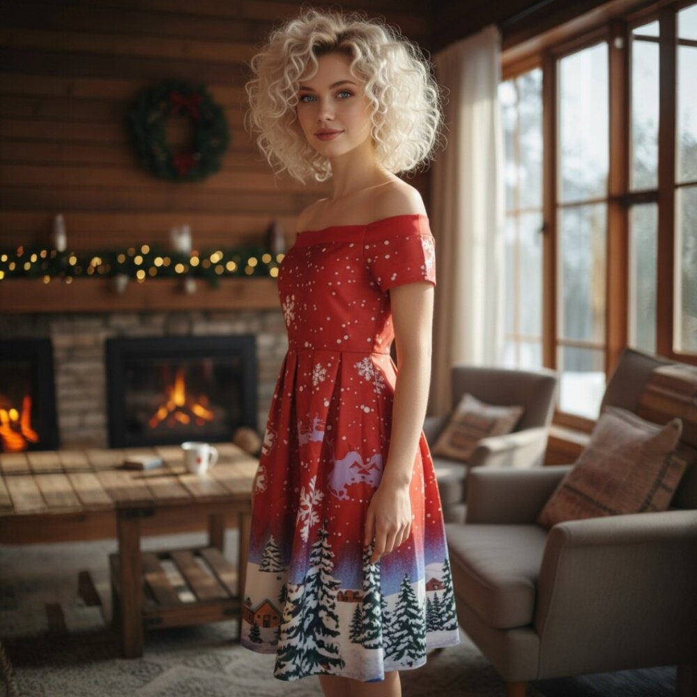 VINTAGE CHRISTMAS HOLIDAY Dress Small 4 6 Rockabilly Pin Up Off Shoulder Festive - Picture 1 of 14